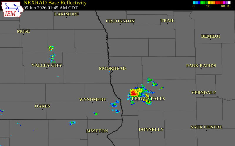 NEXRAD radar during the Tuesday, June 9, 2026 storm activity in Clay County, Minnesota