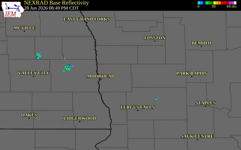 NEXRAD radar during the Sunday, June 28, 2026 storm activity in Clay County, Minnesota