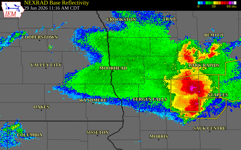 NEXRAD radar during the Monday, June 29, 2026 storm activity in Clay County, Minnesota