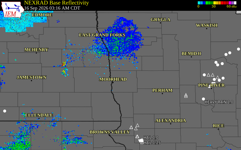 Current NEXRAD radar over Clay County, Minnesota with recent storm report locations