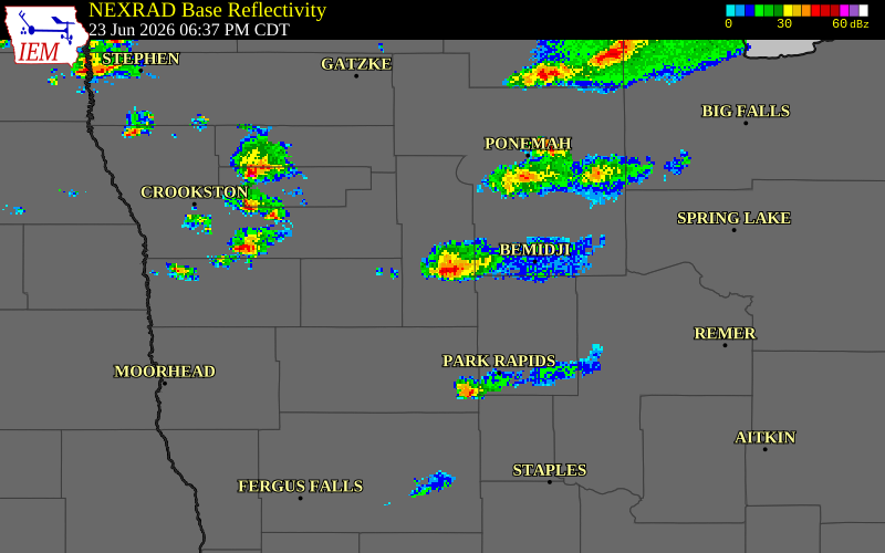NEXRAD radar during the Tuesday, June 23, 2026 storm activity in Clearwater County, Minnesota