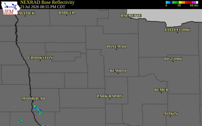NEXRAD radar during the Thursday, July 23, 2026 storm activity in Clearwater County, Minnesota