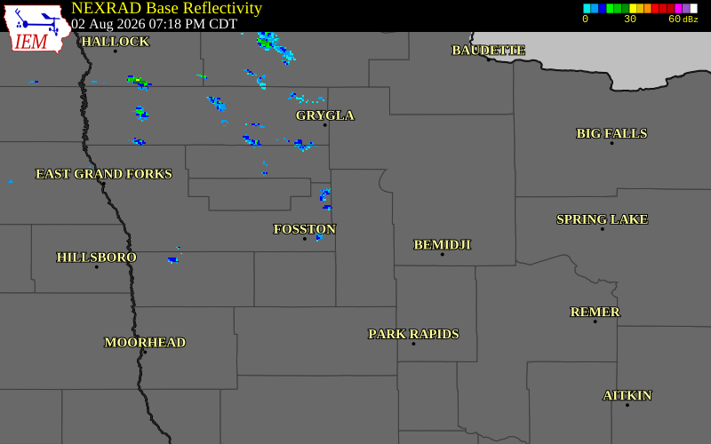 NEXRAD radar during the Sunday, August 2, 2026 storm activity in Clearwater County, Minnesota