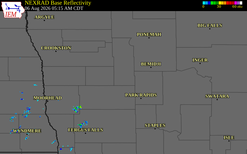 NEXRAD radar during the Thursday, August 6, 2026 storm activity in Clearwater County, Minnesota