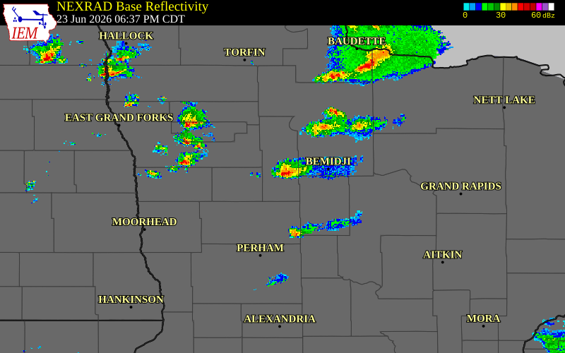 Radar snapshot during the Jun 23, 2026 tornado event near 6 WNW Alida, Clearwater County, Minnesota, with NWS warning polygons