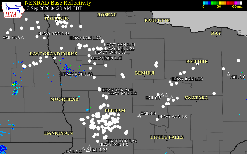 Current NEXRAD radar over Clearwater County, Minnesota with recent storm report locations