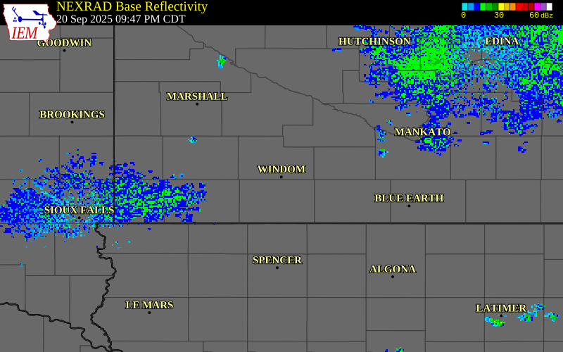 NEXRAD radar during the Saturday, September 20, 2025 storm activity in Cottonwood County, Minnesota