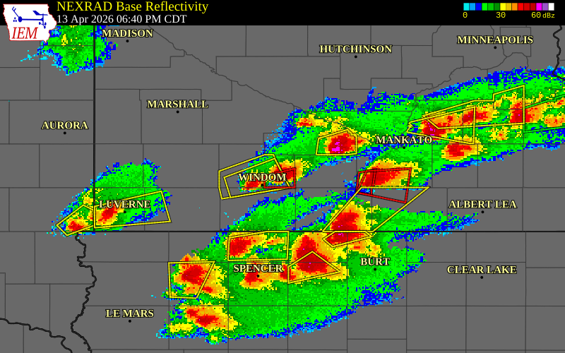 NEXRAD radar during the Monday, April 13, 2026 storm activity in Cottonwood County, Minnesota