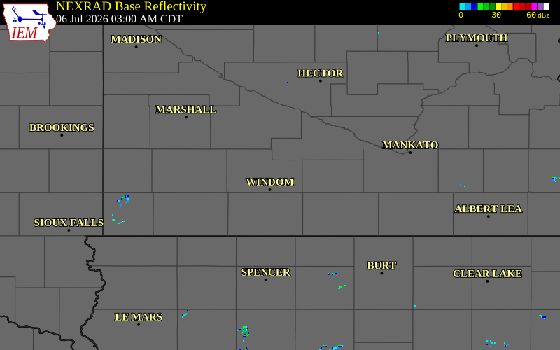NEXRAD radar during the Monday, July 6, 2026 storm activity in Cottonwood County, Minnesota
