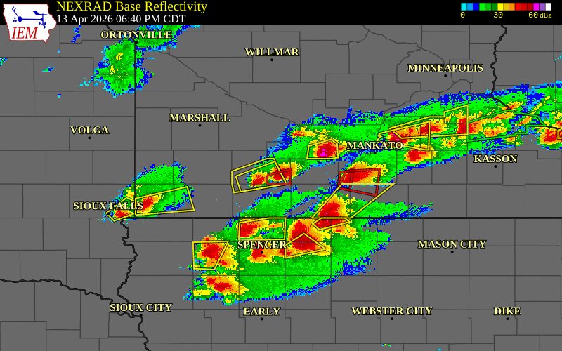 Radar snapshot during the Apr 13, 2026 hail event near 2 W Mountain Lake, Cottonwood County, Minnesota, with NWS warning polygons