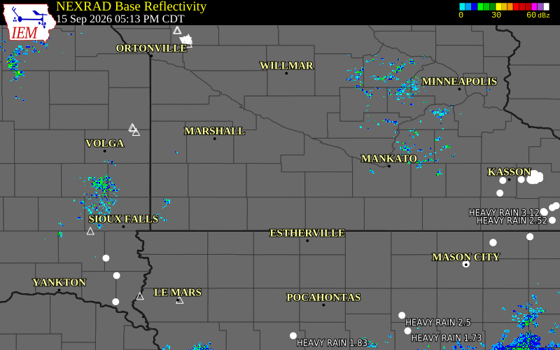 Current NEXRAD radar over Cottonwood County, Minnesota with recent storm report locations