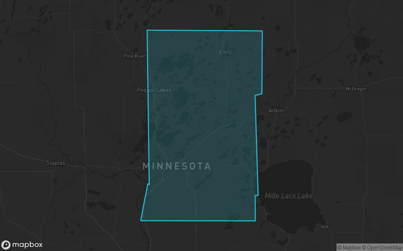 Map of Crow Wing County, Minnesota showing the county boundary and surrounding cities