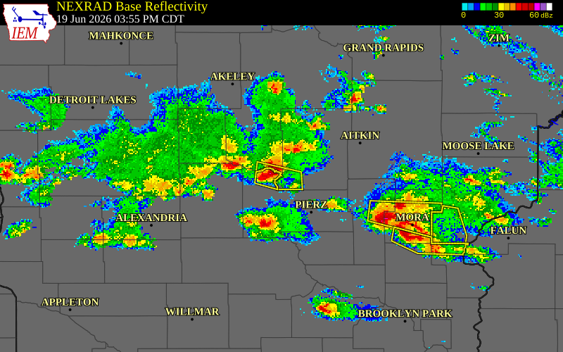 NEXRAD radar during the Friday, June 19, 2026 storm activity in Crow Wing County, Minnesota