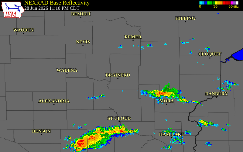 NEXRAD radar during the Sunday, June 28, 2026 storm activity in Crow Wing County, Minnesota