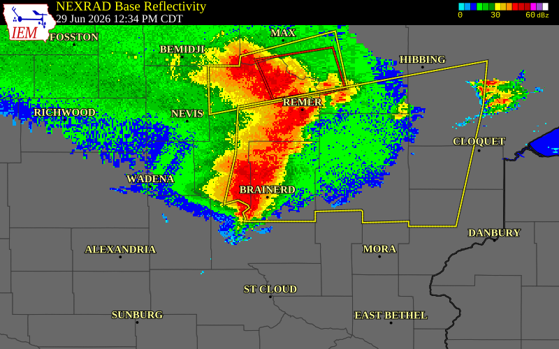 NEXRAD radar during the Monday, June 29, 2026 storm activity in Crow Wing County, Minnesota