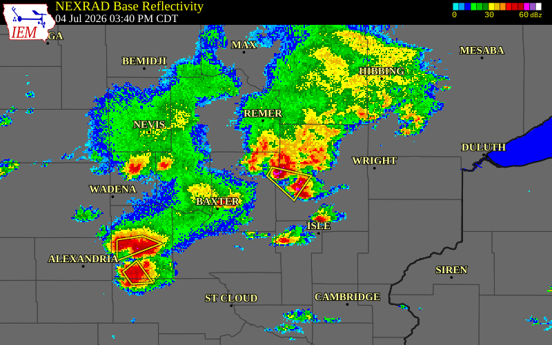NEXRAD radar during the Saturday, July 4, 2026 storm activity in Crow Wing County, Minnesota