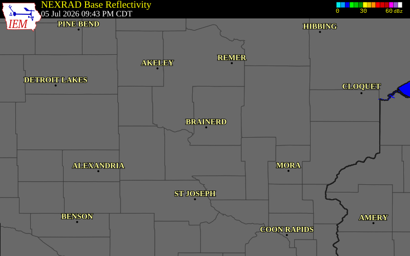 NEXRAD radar during the Sunday, July 5, 2026 storm activity in Crow Wing County, Minnesota