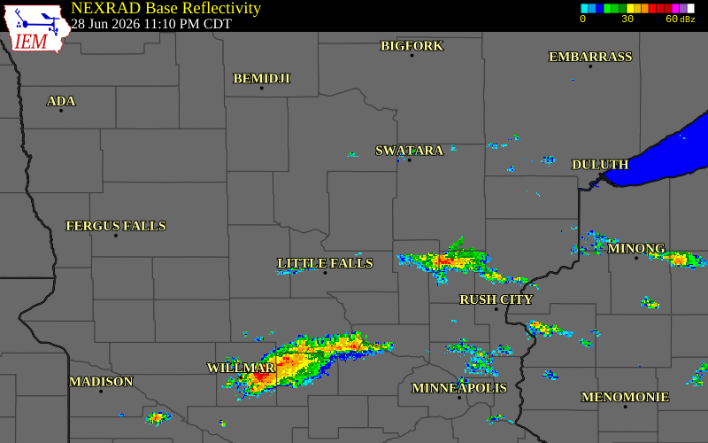 Radar snapshot during the Sep 12, 2025 hail event near 5 NE Brainerd, Crow Wing County, Minnesota, with NWS warning polygons