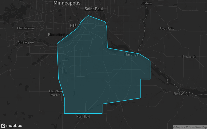 Map of Dakota County, Minnesota showing the county boundary and surrounding cities