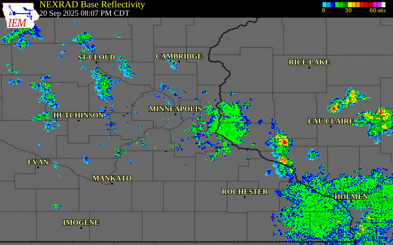 NEXRAD radar during the Saturday, September 20, 2025 storm activity in Dakota County, Minnesota