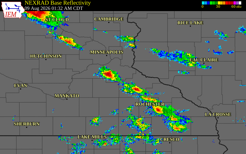 NEXRAD radar during the Sunday, August 9, 2026 storm activity in Dakota County, Minnesota