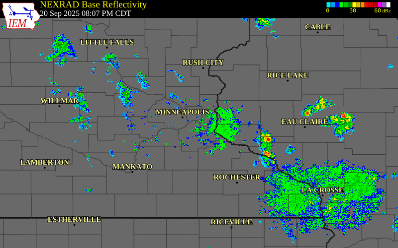 Radar snapshot during the Sep 20, 2025 hail event near 1 SSE South St. Paul, Dakota County, Minnesota, with NWS warning polygons