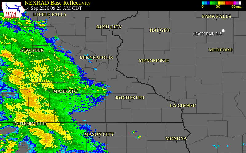 Current NEXRAD radar over Dakota County, Minnesota with recent storm report locations