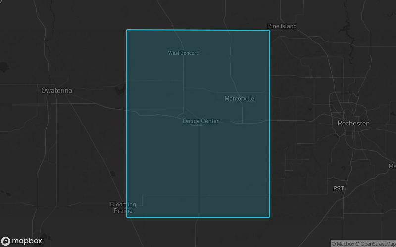 Map of Dodge County, Minnesota showing the county boundary and surrounding cities