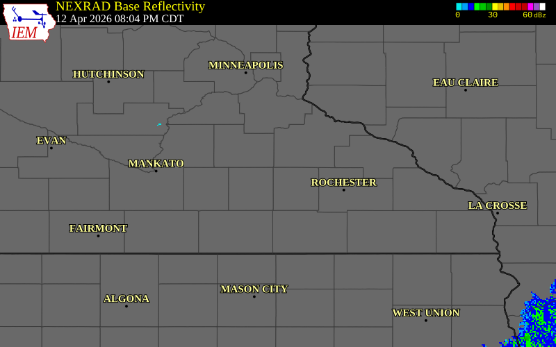 NEXRAD radar during the Sunday, April 12, 2026 storm activity in Dodge County, Minnesota
