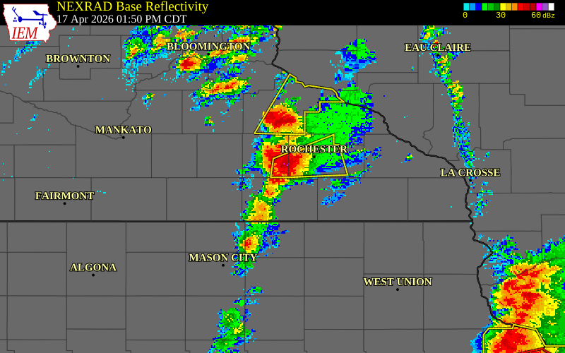 NEXRAD radar during the Friday, April 17, 2026 storm activity in Dodge County, Minnesota