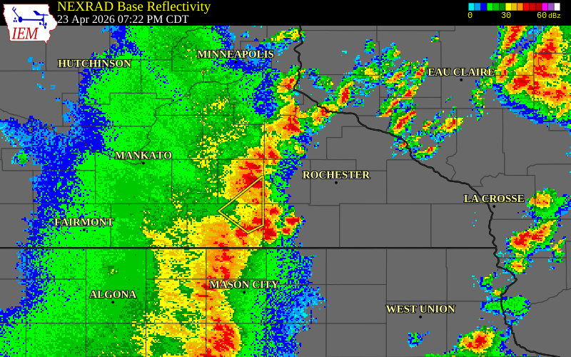 NEXRAD radar during the Thursday, April 23, 2026 storm activity in Dodge County, Minnesota