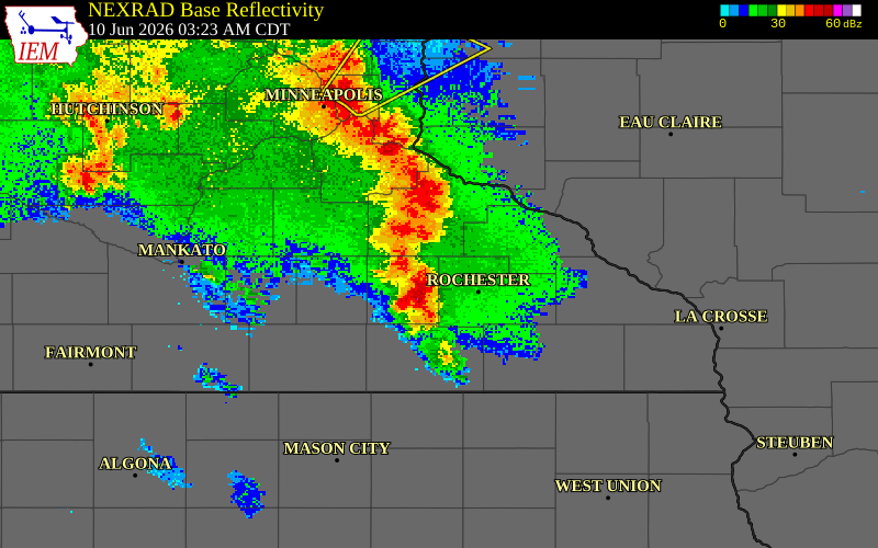 NEXRAD radar during the Wednesday, June 10, 2026 storm activity in Dodge County, Minnesota