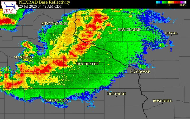 NEXRAD radar during the Monday, July 20, 2026 storm activity in Dodge County, Minnesota