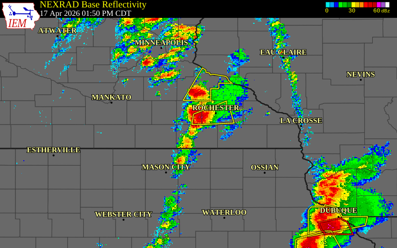 Radar snapshot during the Apr 17, 2026 tornado event near 5 NE Sargeant, Dodge County, Minnesota, with NWS warning polygons