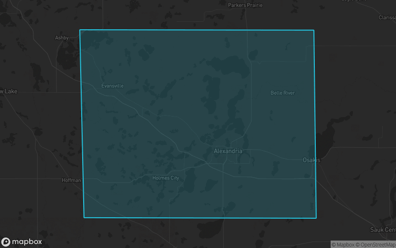 Map of Douglas County, Minnesota showing the county boundary and surrounding cities