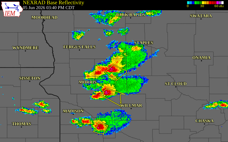 NEXRAD radar during the Friday, June 5, 2026 storm activity in Douglas County, Minnesota