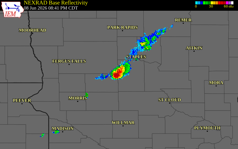 NEXRAD radar during the Monday, June 8, 2026 storm activity in Douglas County, Minnesota