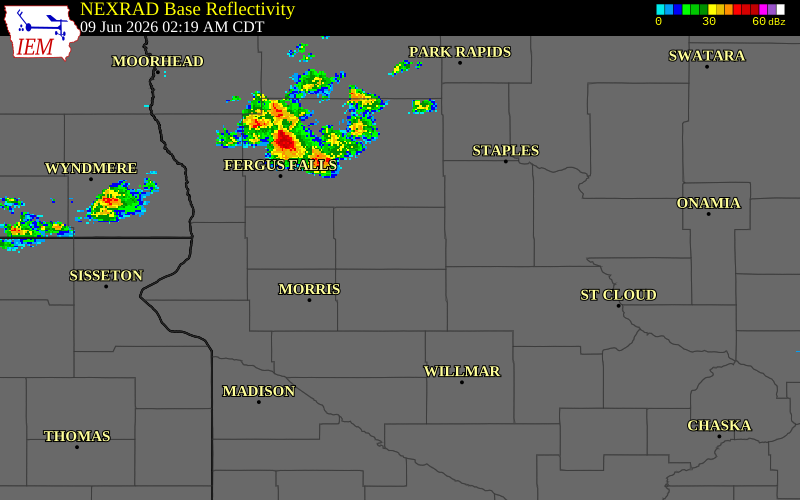 NEXRAD radar during the Tuesday, June 9, 2026 storm activity in Douglas County, Minnesota