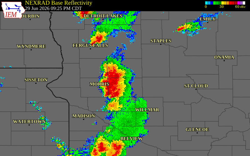 NEXRAD radar during the Monday, June 29, 2026 storm activity in Douglas County, Minnesota