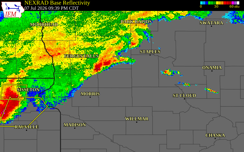NEXRAD radar during the Tuesday, July 7, 2026 storm activity in Douglas County, Minnesota