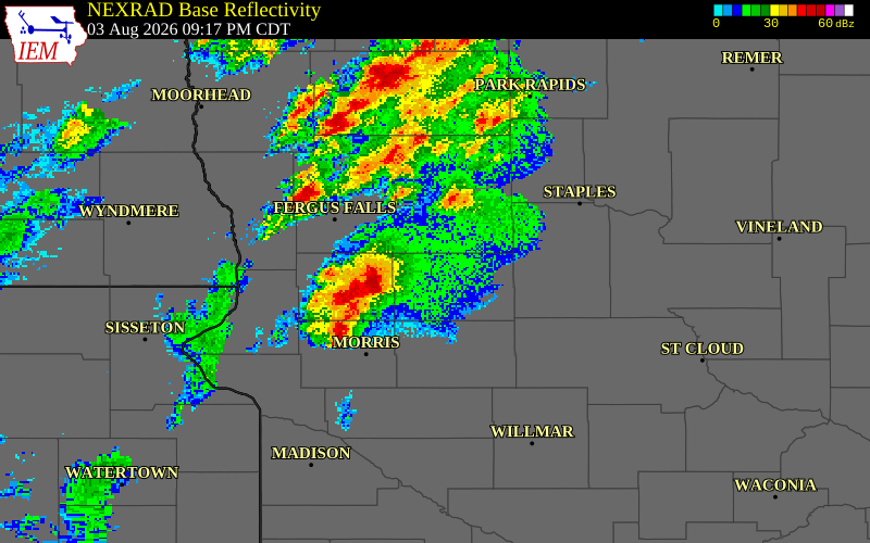 NEXRAD radar during the Monday, August 3, 2026 storm activity in Douglas County, Minnesota