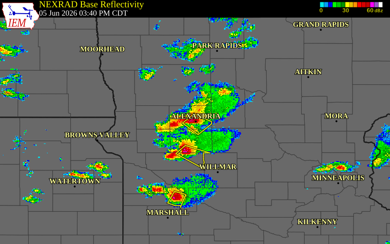 Radar snapshot during the Jun 5, 2026 wind event near 2 SSW Alexandria, Douglas County, Minnesota, with NWS warning polygons