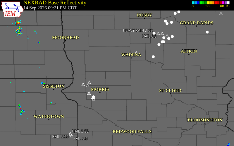 Current NEXRAD radar over Douglas County, Minnesota with recent storm report locations