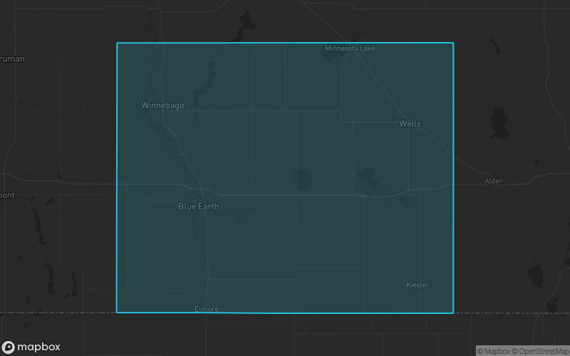 Map of Faribault County, Minnesota showing the county boundary and surrounding cities