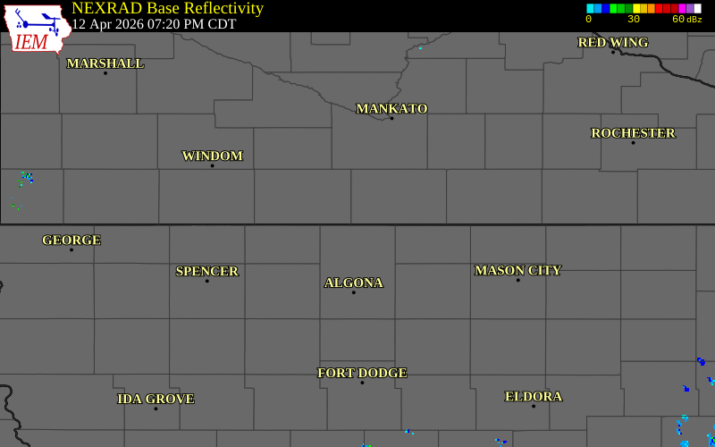 NEXRAD radar during the Sunday, April 12, 2026 storm activity in Faribault County, Minnesota