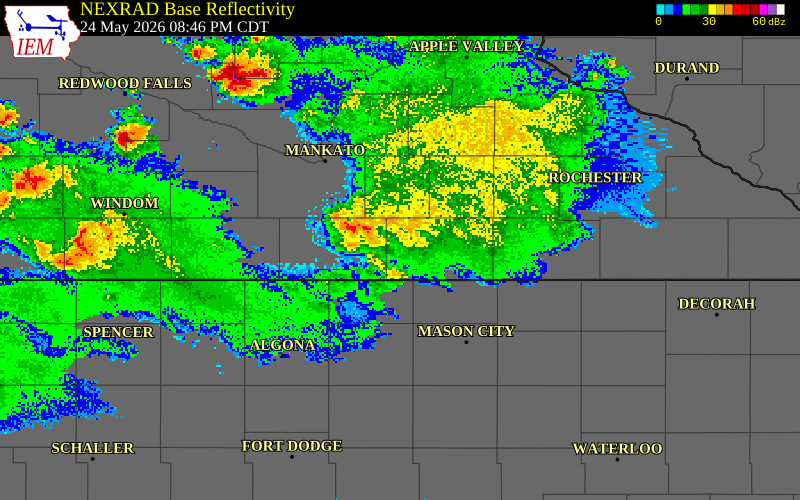 NEXRAD radar during the Sunday, May 24, 2026 storm activity in Faribault County, Minnesota