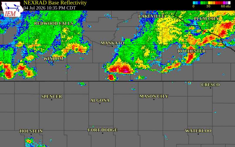 NEXRAD radar during the Saturday, July 4, 2026 storm activity in Faribault County, Minnesota