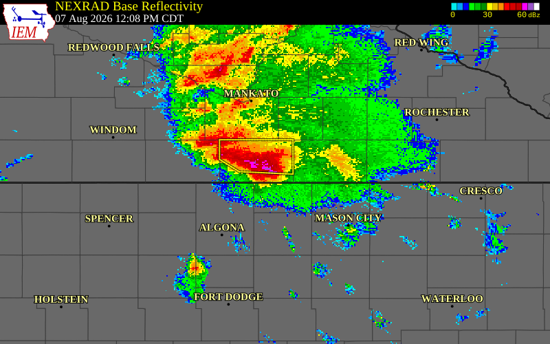 NEXRAD radar during the Friday, August 7, 2026 storm activity in Faribault County, Minnesota