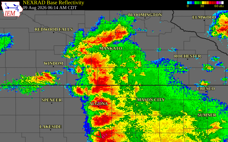 NEXRAD radar during the Sunday, August 9, 2026 storm activity in Faribault County, Minnesota