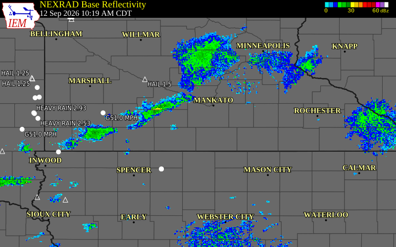 Current NEXRAD radar over Faribault County, Minnesota with recent storm report locations